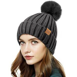 Women's Winter Warm Gray Beanie Fleece Lined Skull Faux Fur Pom Cuff Hat Cap